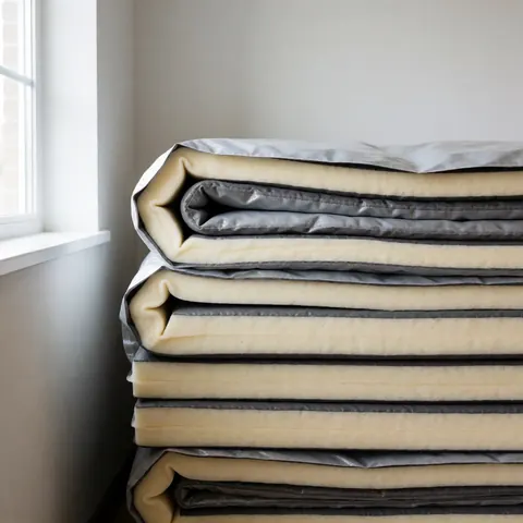Stack of folded gymnastics mats with visible foam layers next to a window with soft light