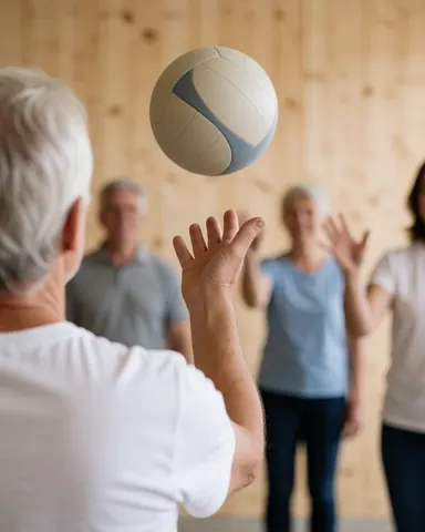 Gymnastics coach in a gym with wooden walls tossing a ball to a group of active seniors.