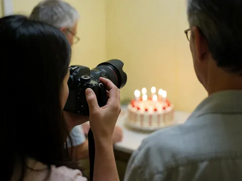 A photographer with a professional camera captures a cake with lit candles while people watch from behind in a warm room with yellow walls.