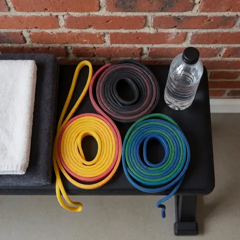 Vibrant resistance bands, a towel, and a water bottle arranged on a black bench against a red brick wall.