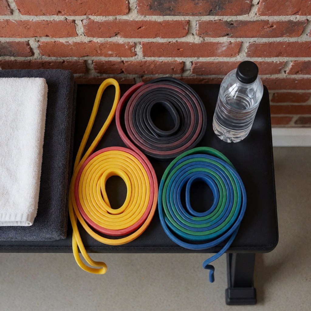 Vibrant resistance bands, a towel, and a water bottle arranged on a black bench against a red brick wall.