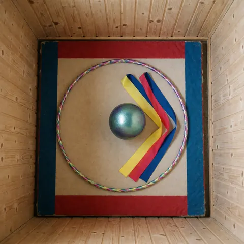 Hula hoop, ball, and ribbon of rhythmic gymnastics on a mat with red and blue edges in a space with wooden walls