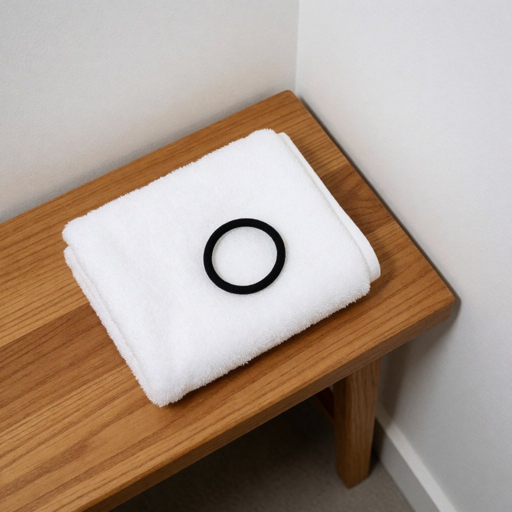 A white towel and a black elastic band resting on a clean wooden bench in a minimalist setting, suitable for dance studio post-class care.