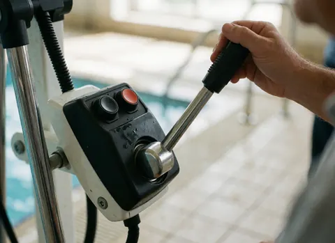 Close-up of a hand adjusting the hydraulic pool control lever and buttons with blurred tiles and water in the background.