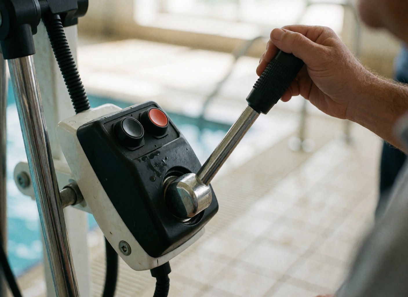 Close-up of a hand adjusting the hydraulic pool control lever and buttons with blurred tiles and water in the background.