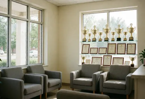 Gym reception area featuring gray chairs, trophies, and certificates in a display case with natural light from windows.