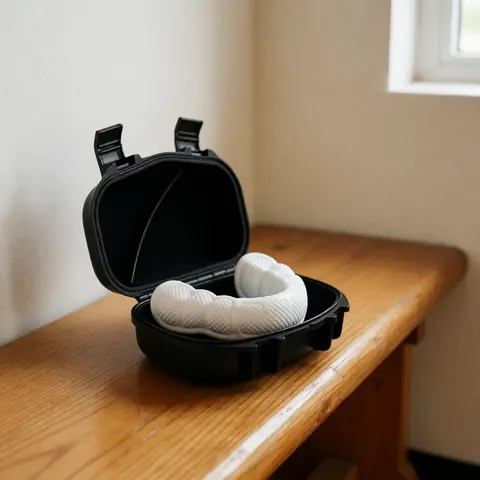 White textured mouthguard inside a black protective case resting on a wooden bench in a dojo with natural lighting