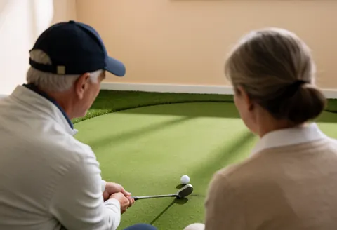 A golf instructor demonstrates a wedge swing to a female student in an indoor practice facility, both facing away from the camera.