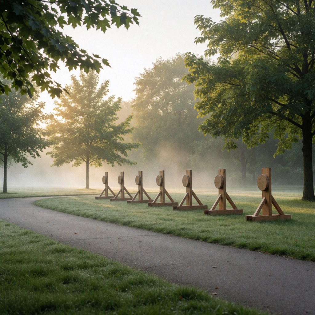 Wooden training targets in a park with a path, trees, morning mist, and golden sunlight for practice