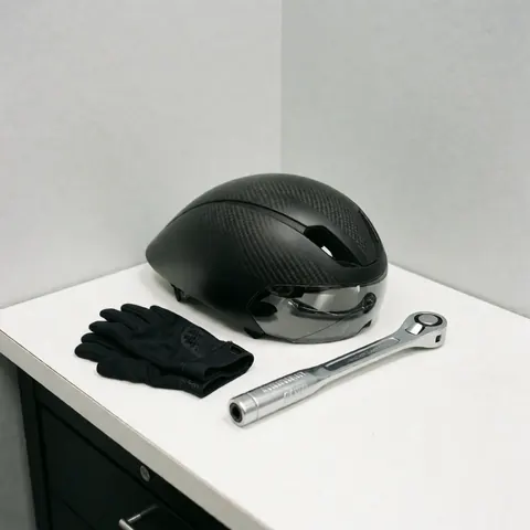 Black carbon cycling helmets, black gloves, and a silver torque wrench arranged on a white table in a bicycle workshop setting.