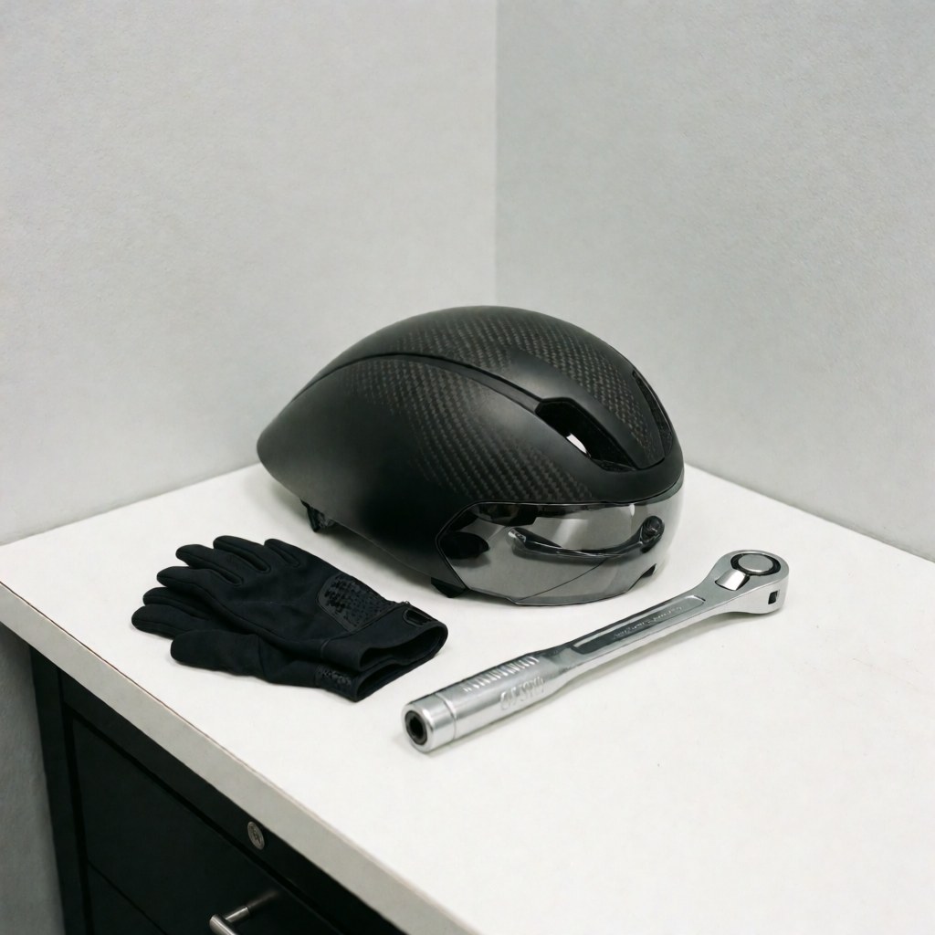 Black carbon cycling helmets, black gloves, and a silver torque wrench arranged on a white table in a bicycle workshop setting.