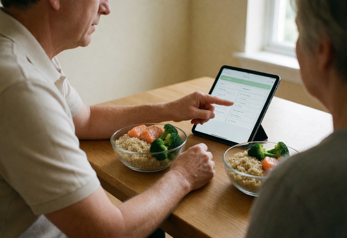 Personal trainer explaining a healthy meal plan on a tablet next to a client, with bowls of quinoa, salmon, and broccoli on a wooden table.