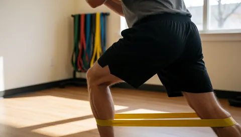 Adult man doing lunge exercise with yellow resistance band in gym with wooden floor and natural light from window