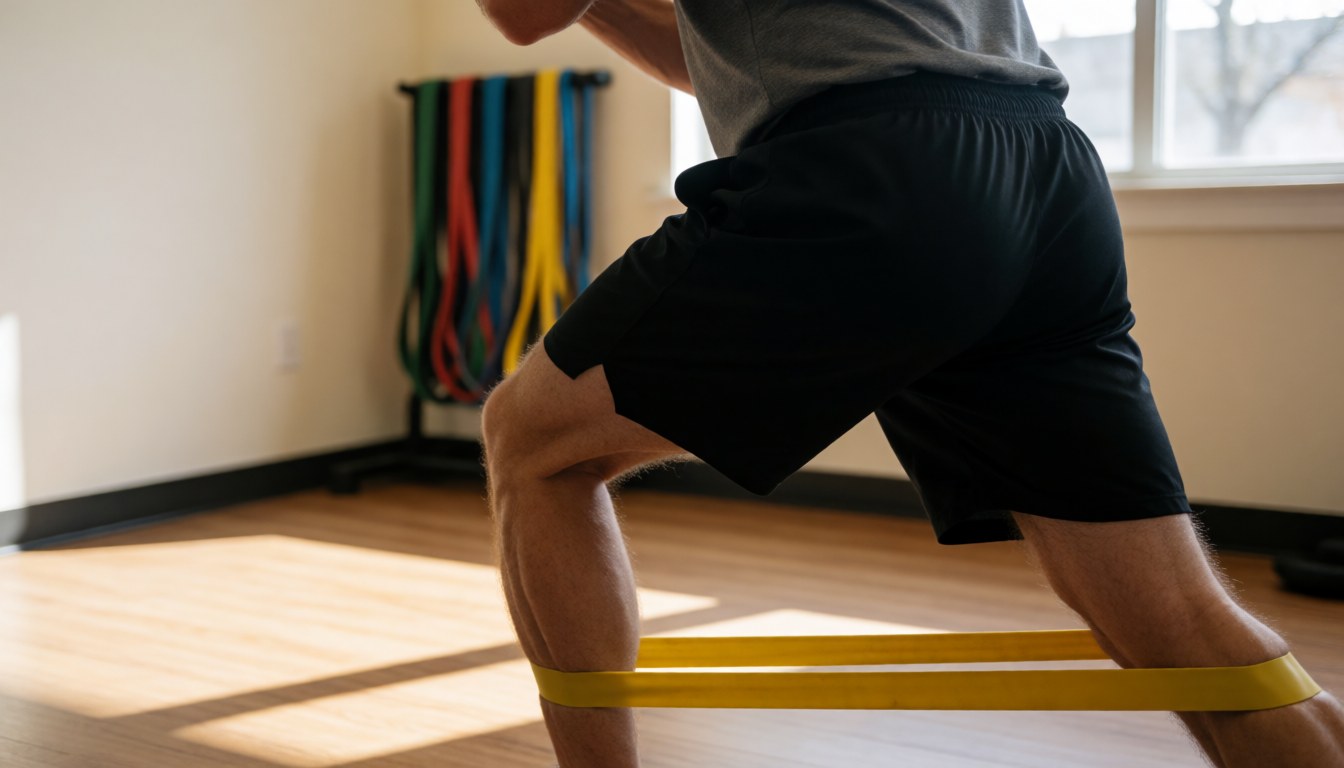 Adult man doing lunge exercise with yellow resistance band in gym with wooden floor and natural light from window