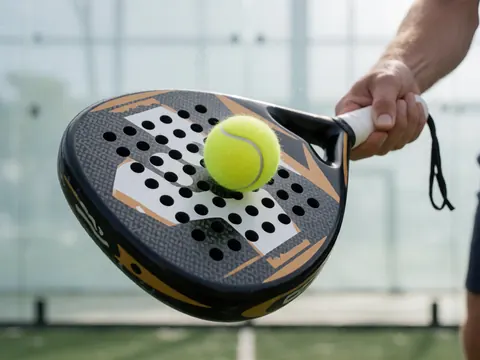 Close-up of a yellow tennis ball impacting a black and orange padel racket held by a hand against a blurred glass wall background