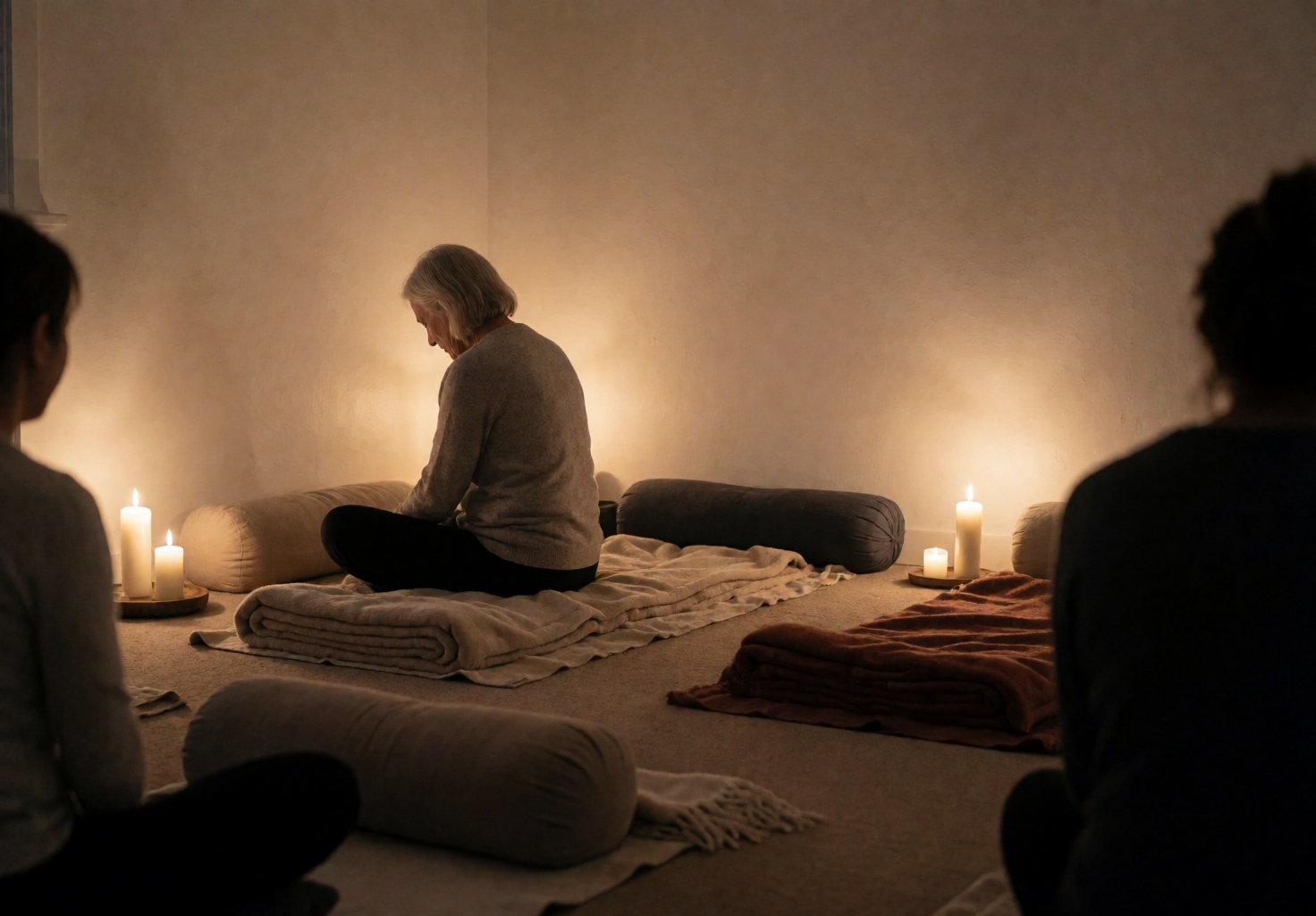 Yoga instructor guiding a class in a serene studio with candles, blankets, and cushions for a calming atmosphere