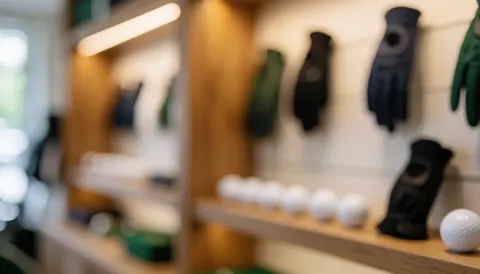 Blurred background of a golf shop with white balls and hanging gloves, warm lighting and wood, ideal for instruction service texts.