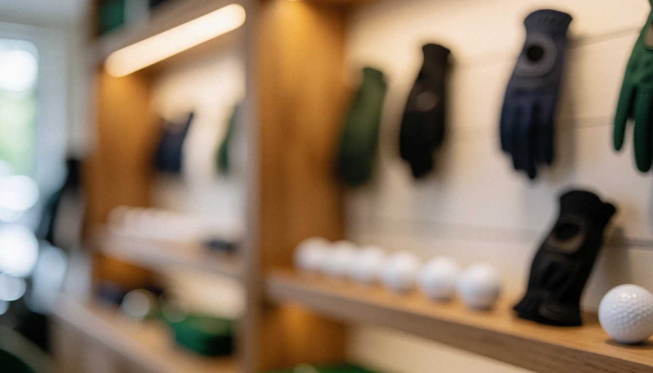 Blurred background of a golf shop with white balls and hanging gloves, warm lighting and wood, ideal for instruction service texts.