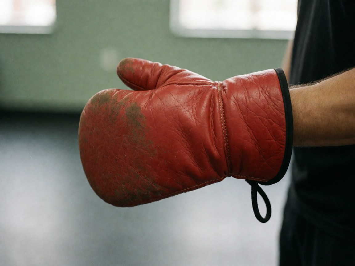 Close-up of a worn red leather boxing mitt held by a hand in a gym with green walls
