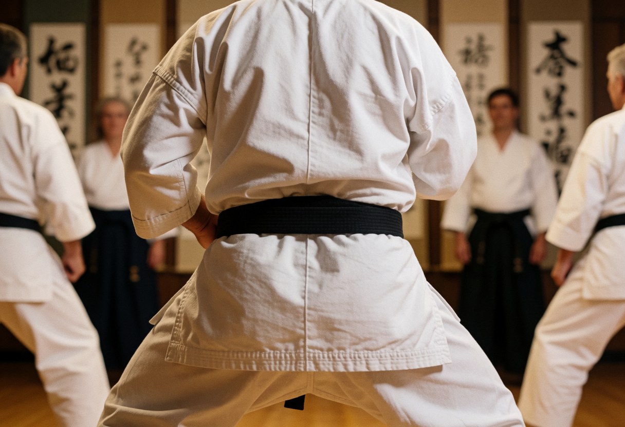 A martial arts instructor wearing a white gi and black belt performs a kata in a dojo with blurred Japanese calligraphy in the background.