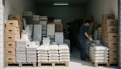 Worker mixing mortar in a tile warehouse with organized boxes and cement bags around