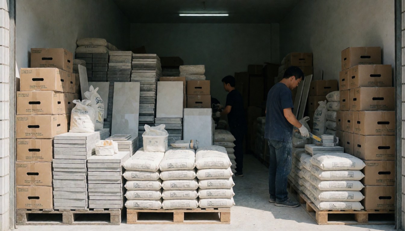 Worker mixing mortar in a tile warehouse with organized boxes and cement bags around