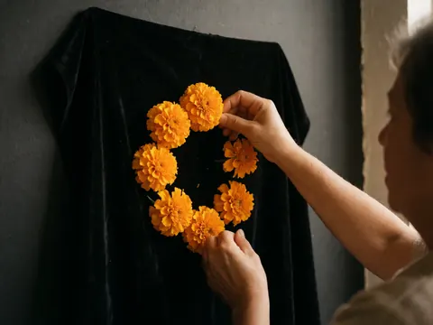 Adult hand placing a marigold flower on a black velvet background with warm lighting and sharp petal details