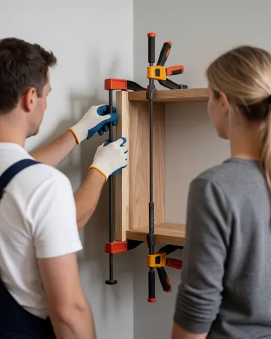 Carpenter wearing gloves applies wood glue to a joint held by clamps while a woman watches in a workshop.