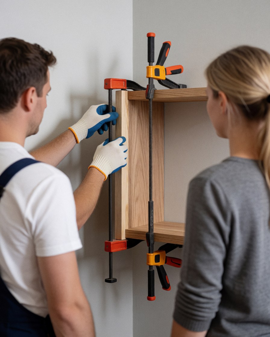 Carpenter wearing gloves applies wood glue to a joint held by clamps while a woman watches in a workshop.