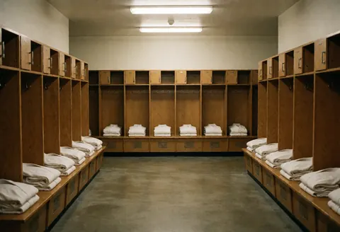 Folded white karate uniforms on wooden benches and lockers in a clean locker room with polished concrete floors and fluorescent lighting