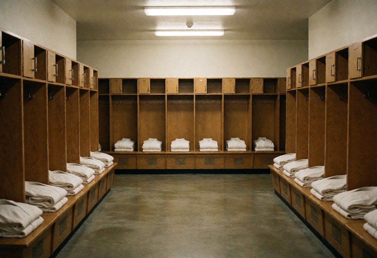 Folded white karate uniforms on wooden benches and lockers in a clean locker room with polished concrete floors and fluorescent lighting