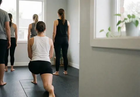 Back view of a group stretching in a CrossFit studio with gray walls and rubber flooring.