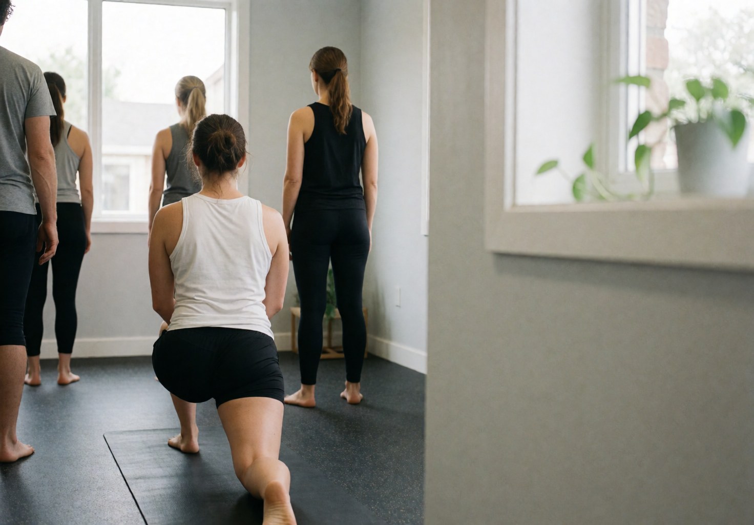 Back view of a group stretching in a CrossFit studio with gray walls and rubber flooring.