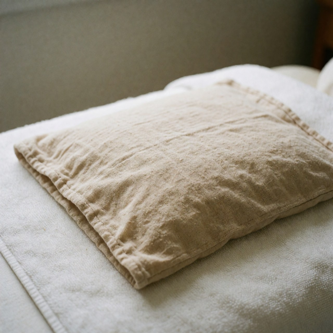 A beige textured fabric cover resting on a white towel placed on a massage table with soft natural lighting