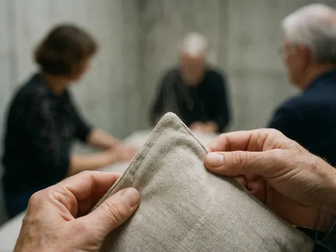 Close-up of hands holding a hot steaming towel with a blurred background