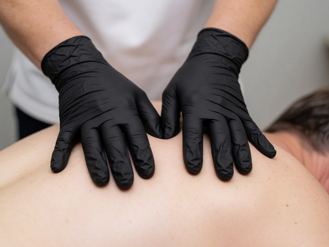 Close-up of black gloves performing a cervical massage on a client's back against a neutral gray background