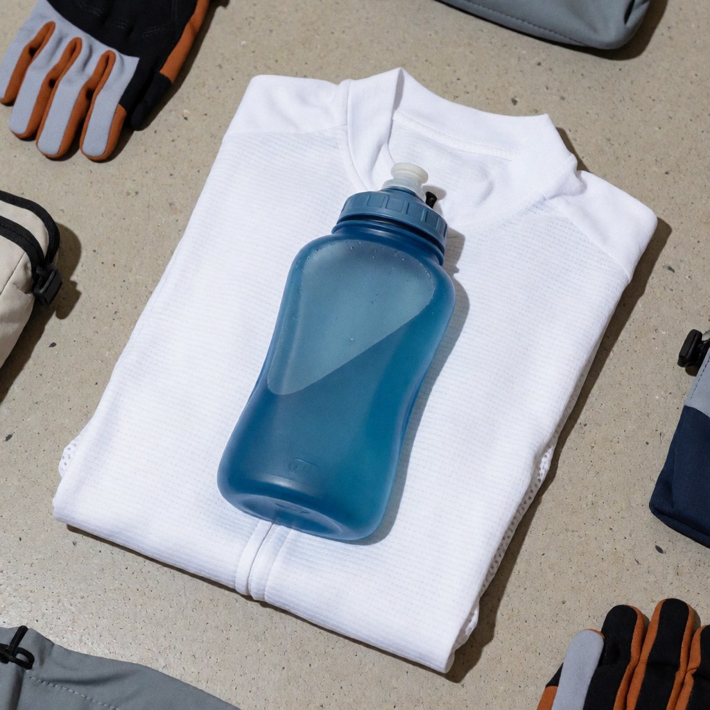 Blue water bottle resting on a folded white cycling jersey with gloves and bag on concrete floor for training
