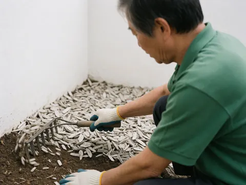Gardener wearing gloves and using a small rake to spread white mulch on dark soil near a white wall