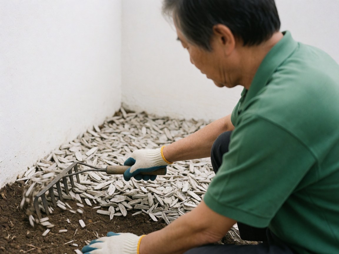 Gardener wearing gloves and using a small rake to spread white mulch on dark soil near a white wall