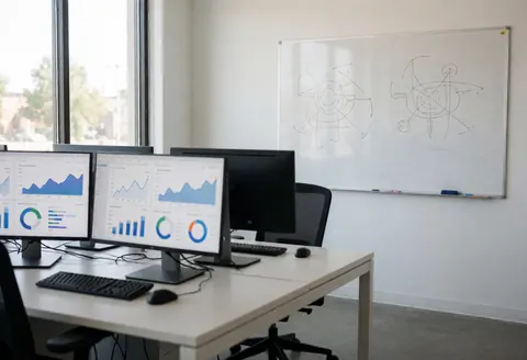 Modern office space featuring computer monitors displaying charts, a whiteboard with diagrams, natural light, and polished concrete floor.