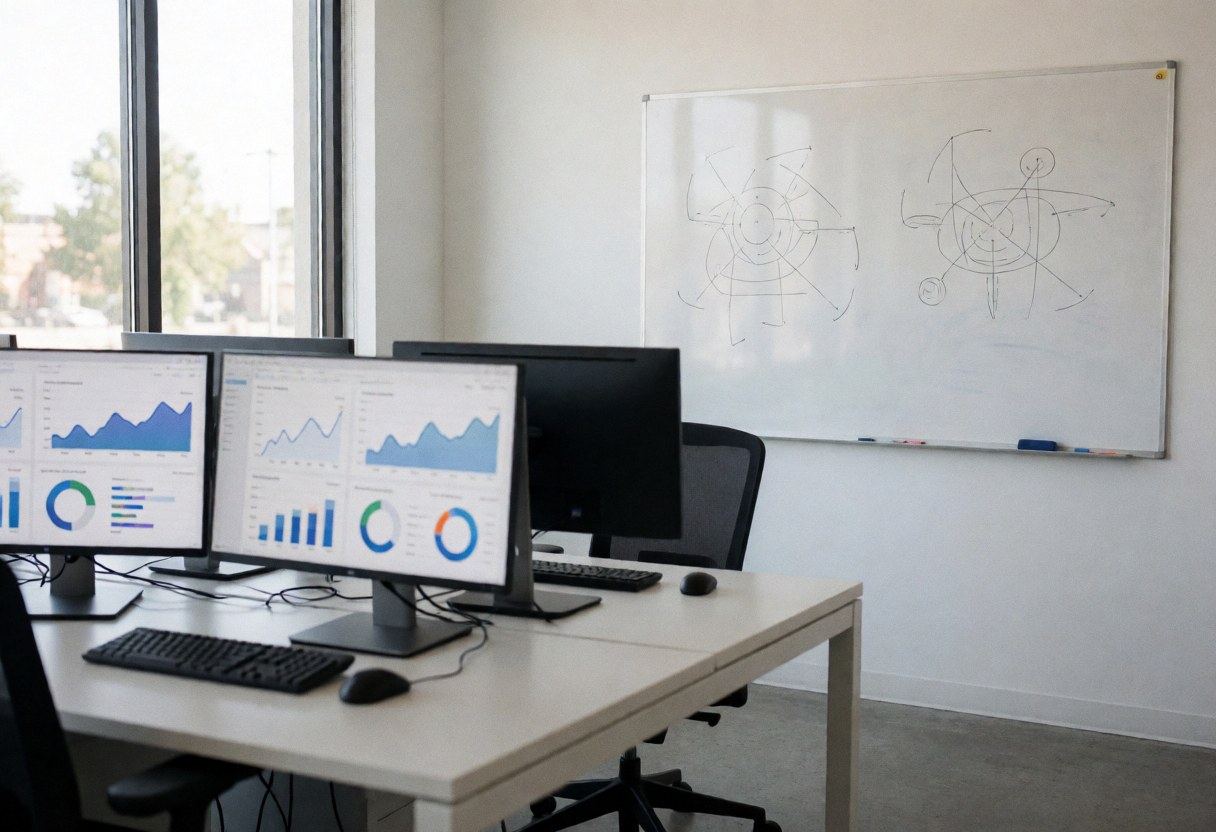 Modern office space featuring computer monitors displaying charts, a whiteboard with diagrams, natural light, and polished concrete floor.