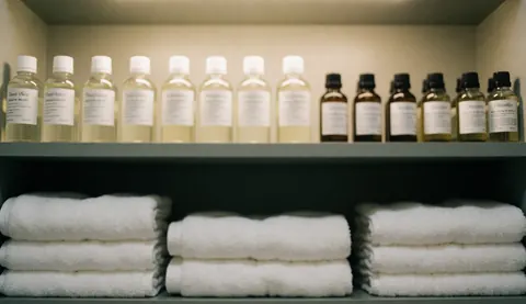 Wooden shelf holding therapeutic oil bottles and folded white towels with warm lighting, suitable background for cervical massage text.