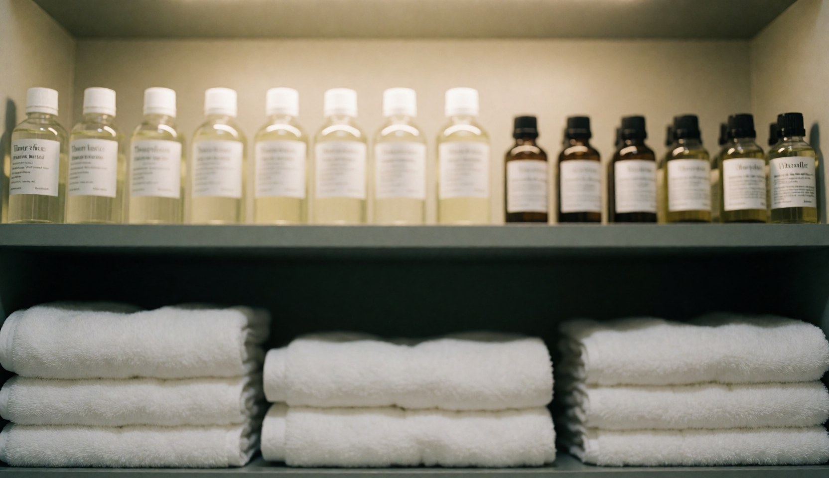 Wooden shelf holding therapeutic oil bottles and folded white towels with warm lighting, suitable background for cervical massage text.