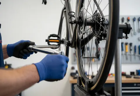 Mechanic using a torque wrench to adjust a bicycle pedal in a well-lit workshop with tools in the background