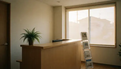 Empty clinic reception area featuring a wooden counter, brochure stand, and potted plant, illuminated by soft natural light from a nearby window.