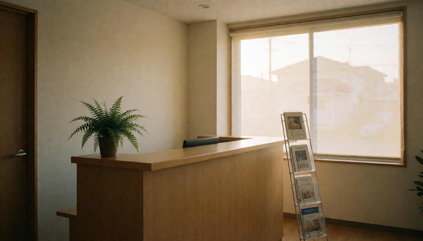 Empty clinic reception area featuring a wooden counter, brochure stand, and potted plant, illuminated by soft natural light from a nearby window.