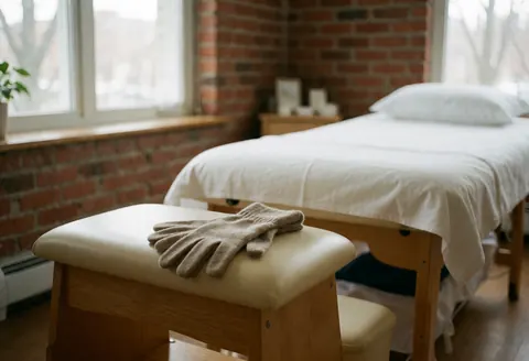 Wool gloves resting on a wooden stool in a reflexology room with a white bed, brick walls, and natural light from windows