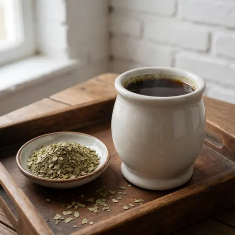 Traditional mate cup with dried leaves on a wooden tray against a white brick wall