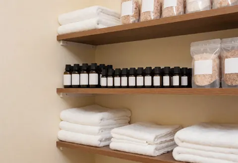 Wooden shelf holding white towels and essential oil bottles in a reflexology clinic with beige walls and bright lighting
