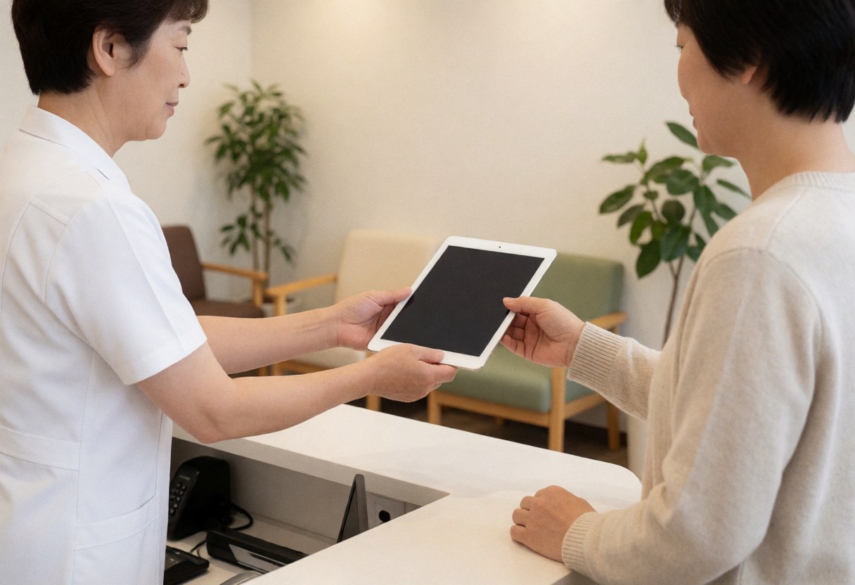 A sports physiotherapist in a white uniform hands a digital tablet to a client at a clean, professional reception desk.